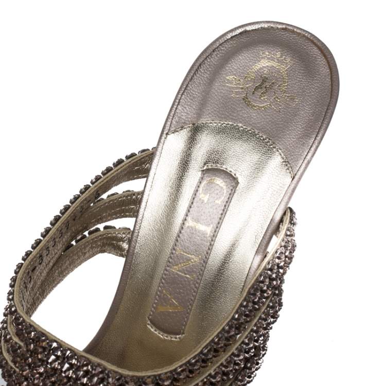 Pre Owned Gina Metallic Lilac Crystal Embellished Slides Size 39