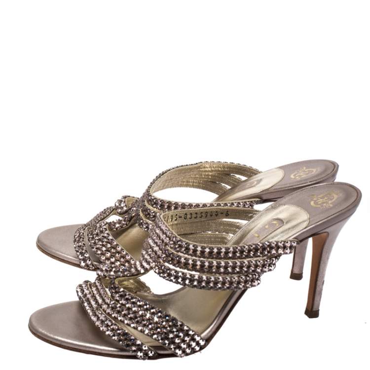 Pre Owned Gina Metallic Lilac Crystal Embellished Slides Size 39