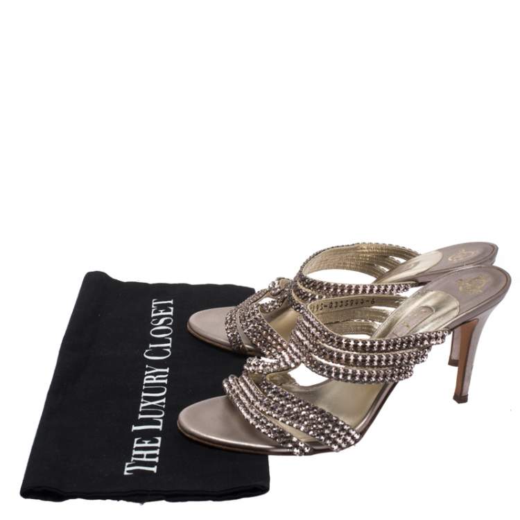 Pre Owned Gina Metallic Lilac Crystal Embellished Slides Size 39