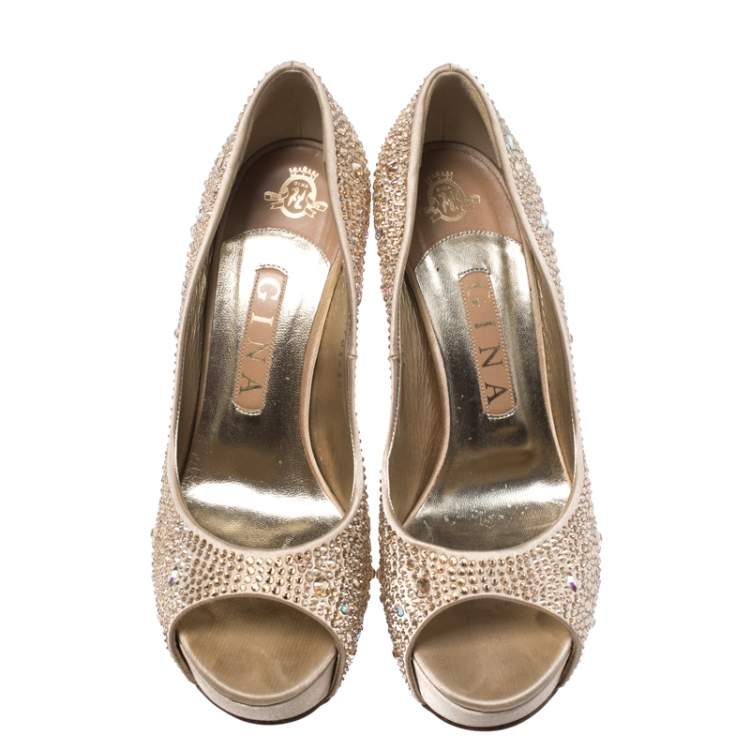 Pre Owned Gina Beige Satin Swarovski Crystal Embellished Peep Toe Platform Pumps Size 38.5