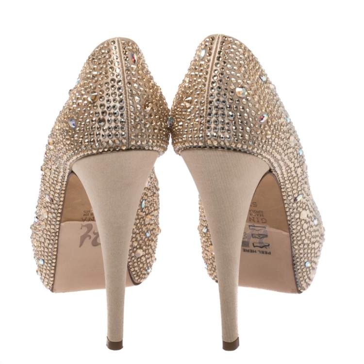 Pre Owned Gina Beige Satin Swarovski Crystal Embellished Peep Toe Platform Pumps Size 38.5