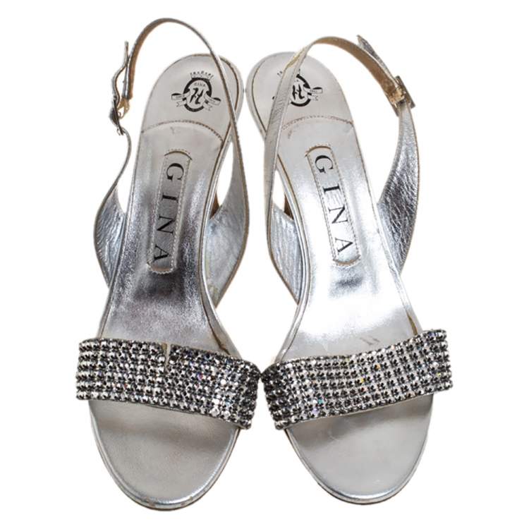 Pre Owned Gina Silver Crystal Embellished Slingback Sandals Size 37.5