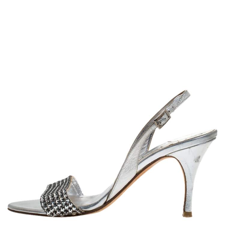 Pre Owned Gina Silver Crystal Embellished Slingback Sandals Size 37.5