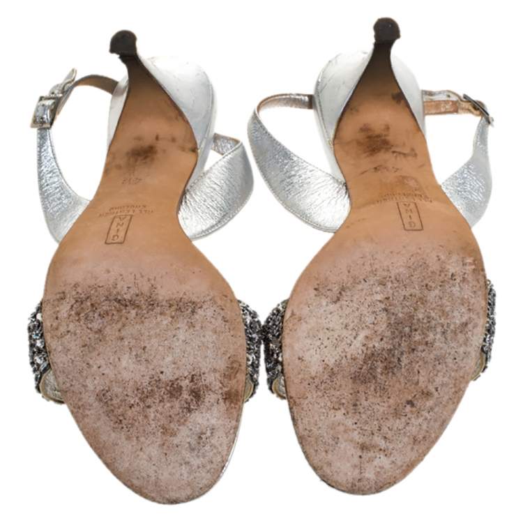 Pre Owned Gina Silver Crystal Embellished Slingback Sandals Size 37.5