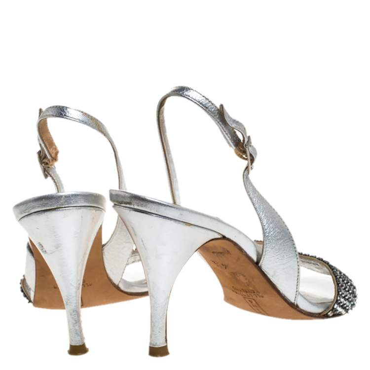 Pre Owned Gina Silver Crystal Embellished Slingback Sandals Size 37.5