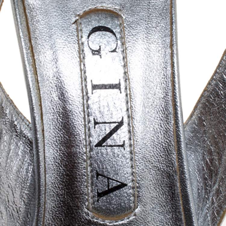 Pre Owned Gina Silver Crystal Embellished Slingback Sandals Size 37.5