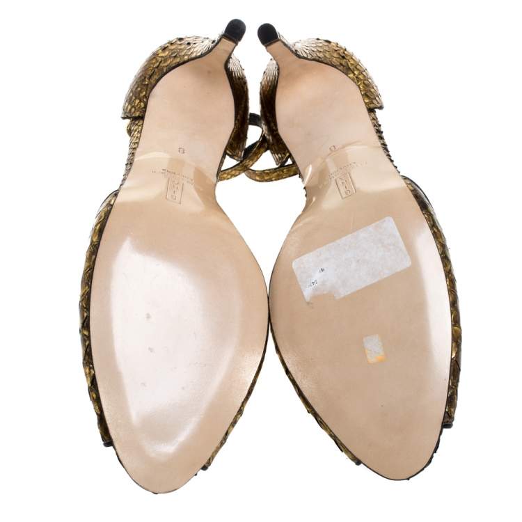 Pre Owned Gina Gold/Black Python Peep Toe Ankle Strap Sandals Size 41