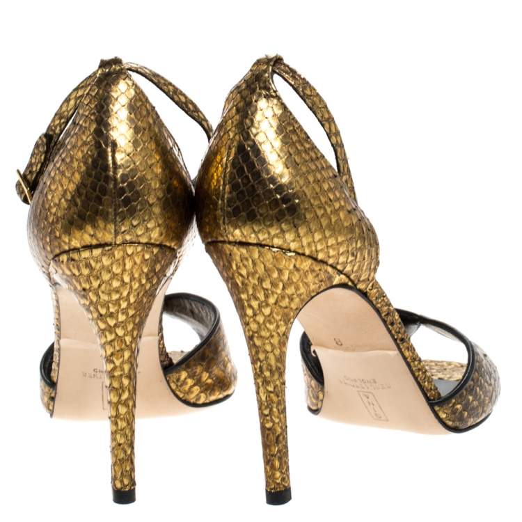 Pre Owned Gina Gold/Black Python Peep Toe Ankle Strap Sandals Size 41
