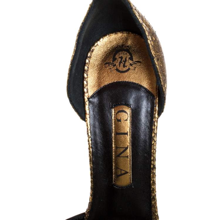 Pre Owned Gina Gold/Black Python Peep Toe Ankle Strap Sandals Size 41