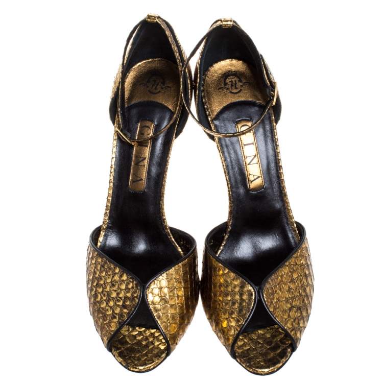 Pre Owned Gina Gold/Black Python Peep Toe Ankle Strap Sandals Size 41