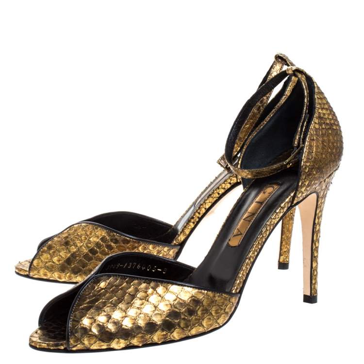Pre Owned Gina Gold/Black Python Peep Toe Ankle Strap Sandals Size 41