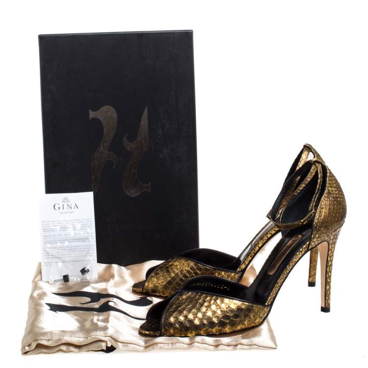 Pre Owned Gina Gold/Black Python Peep Toe Ankle Strap Sandals Size 41
