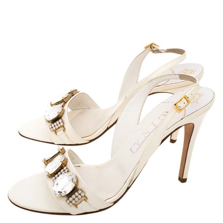 Pre Owned Gina White Leather Crystal Embellished Slingback Sandals Size 41