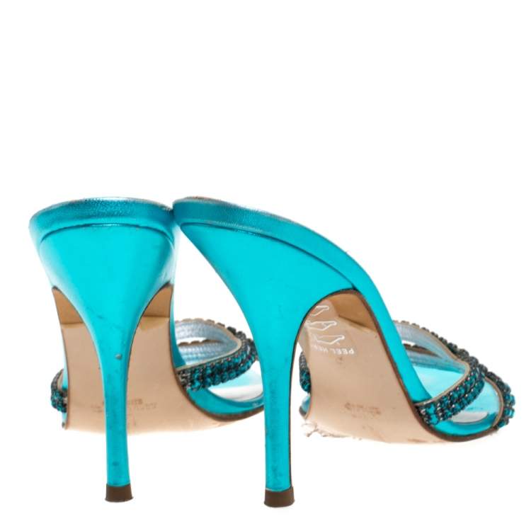 مملوكة مسبقًا Gina Blue Crystal Embellished High Heel Slides Size 38