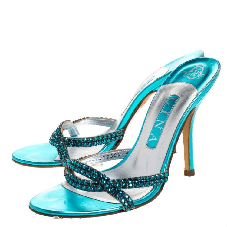 مملوكة مسبقًا Gina Blue Crystal Embellished High Heel Slides Size 38