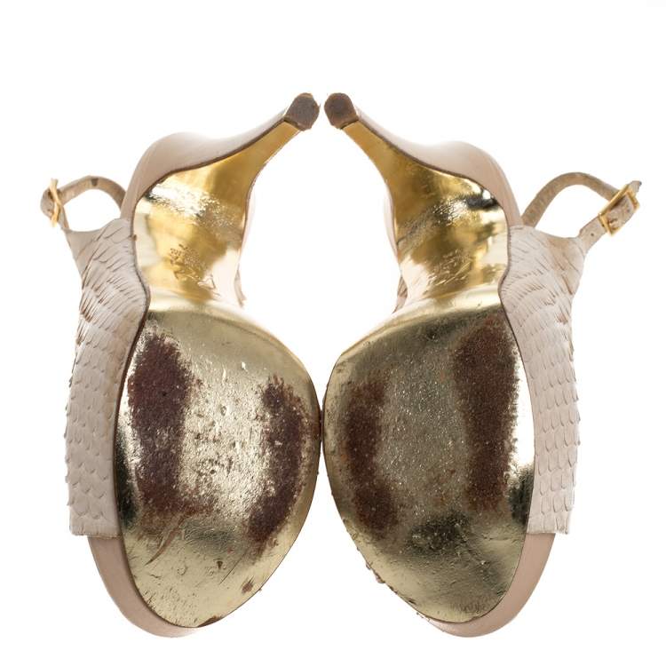 Pre Owned Gina Cream Python Embossed Leather Peep Toe Blake Platform Slingback Sandals Size 36.5