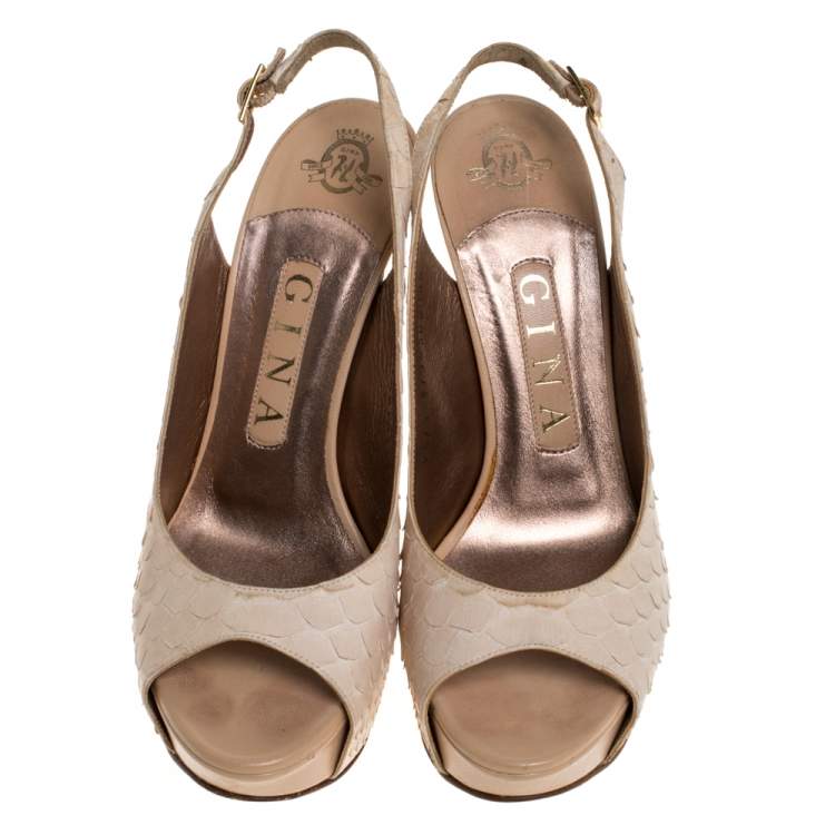 Pre Owned Gina Cream Python Embossed Leather Peep Toe Blake Platform Slingback Sandals Size 36.5