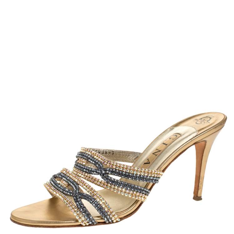 Pre Owned Gina Gold Leather Crystal Embellished Open Toe Sandals Size 40