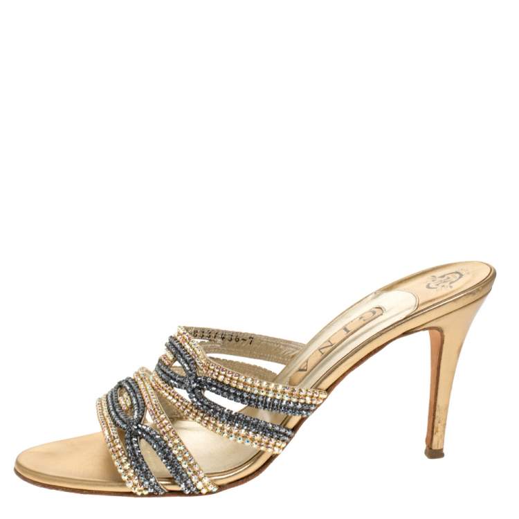Pre Owned Gina Gold Leather Crystal Embellished Open Toe Sandals Size 40