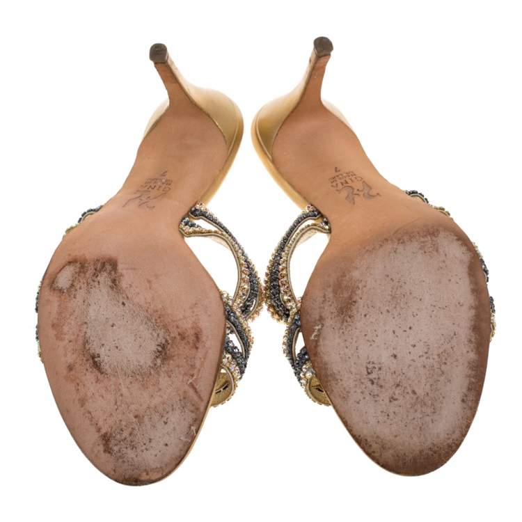 Pre Owned Gina Gold Leather Crystal Embellished Open Toe Sandals Size 40