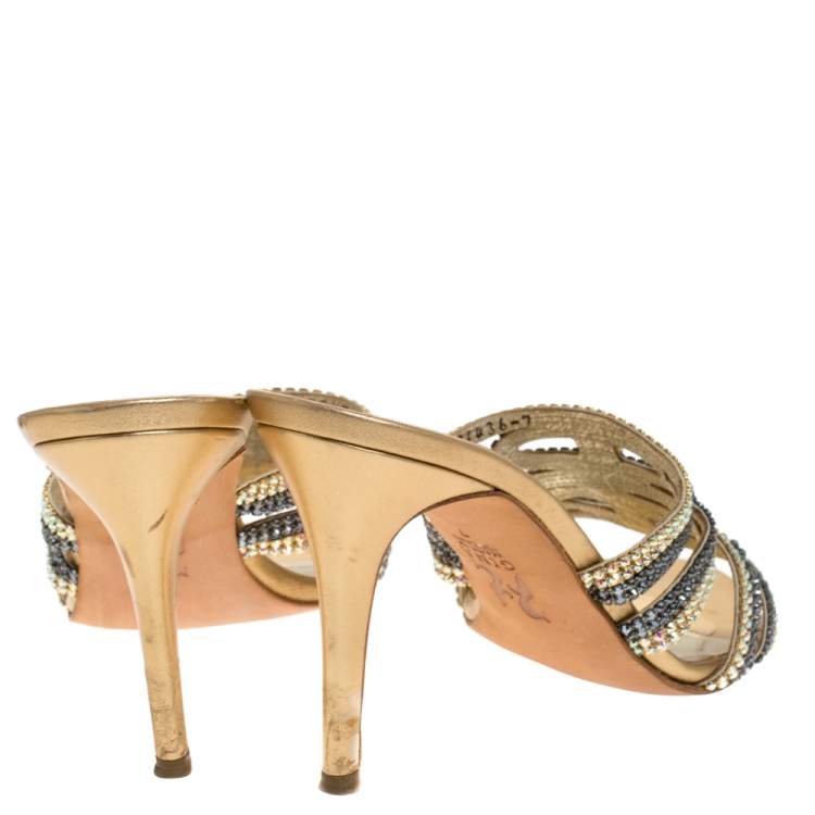 Pre Owned Gina Gold Leather Crystal Embellished Open Toe Sandals Size 40