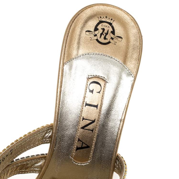 Pre Owned Gina Gold Leather Crystal Embellished Open Toe Sandals Size 40