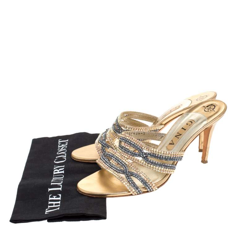 Pre Owned Gina Gold Leather Crystal Embellished Open Toe Sandals Size 40