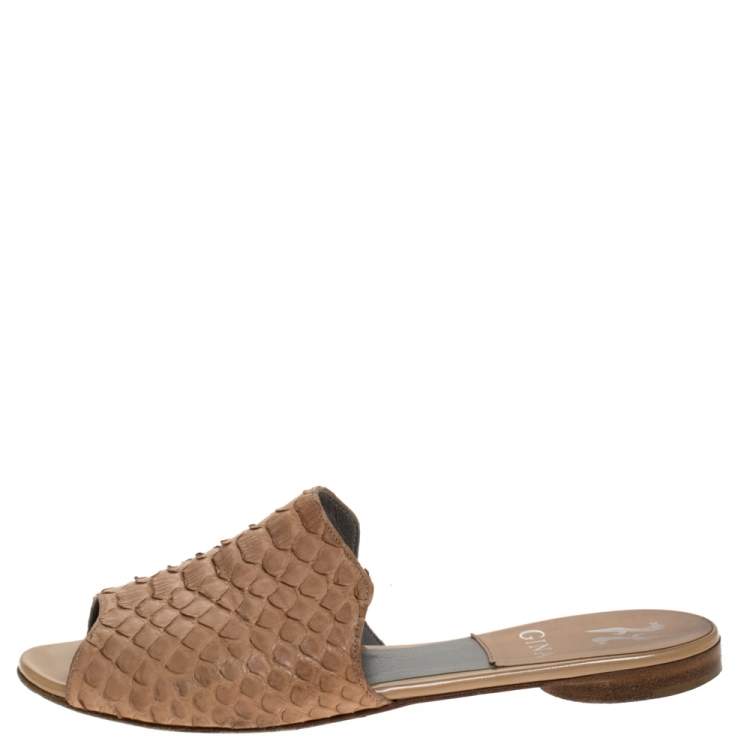 Pre Owned Gina Beige Python Cordelia Slide Flats Size 36.5
