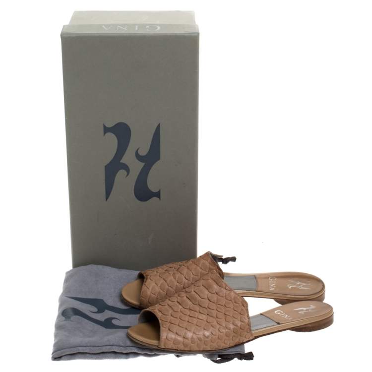 Pre Owned Gina Beige Python Cordelia Slide Flats Size 36.5