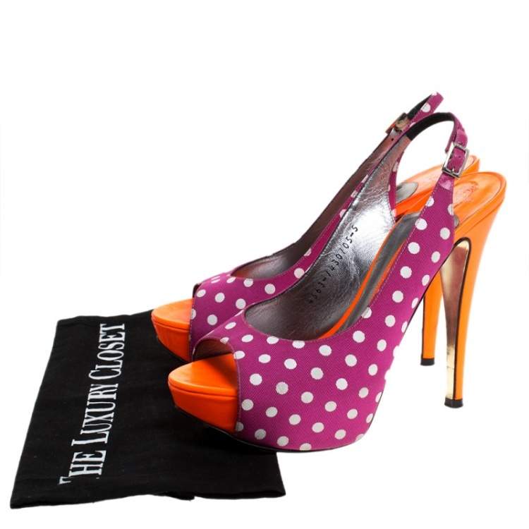 Pre Owned Gina Purple/Orange Polka Dot Fabric And Patent Open Toe Slingback Sandals Size 38