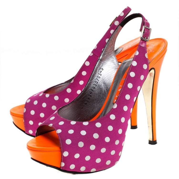 Pre Owned Gina Purple/Orange Polka Dot Fabric And Patent Open Toe Slingback Sandals Size 38