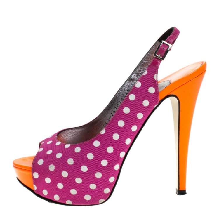Pre Owned Gina Purple/Orange Polka Dot Fabric And Patent Open Toe Slingback Sandals Size 38