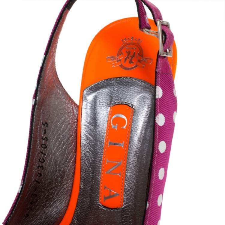 Pre Owned Gina Purple/Orange Polka Dot Fabric And Patent Open Toe Slingback Sandals Size 38