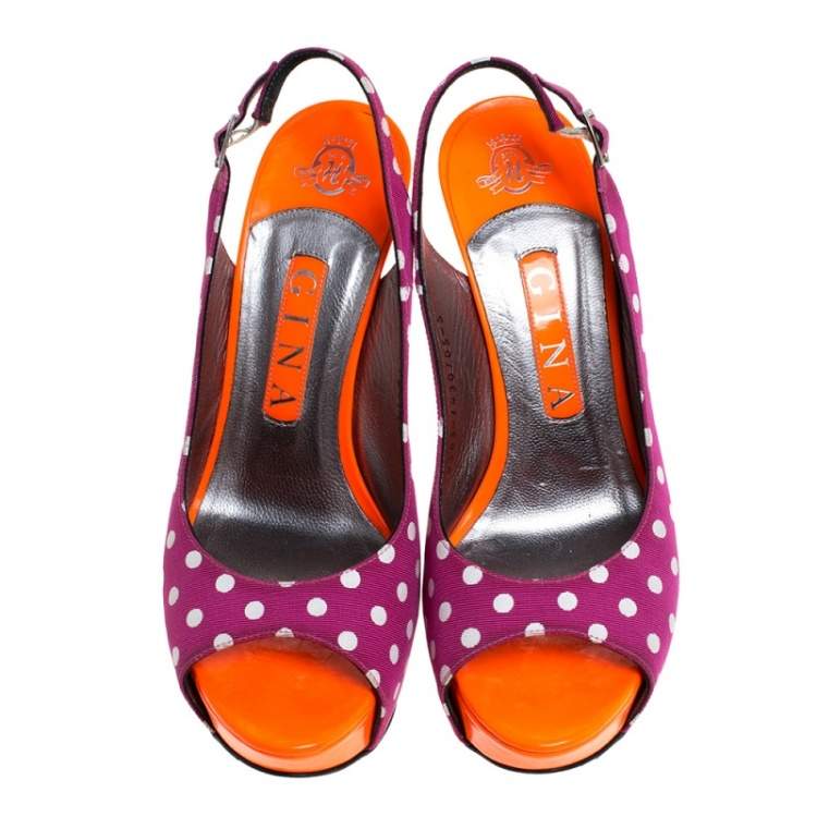 Pre Owned Gina Purple/Orange Polka Dot Fabric And Patent Open Toe Slingback Sandals Size 38