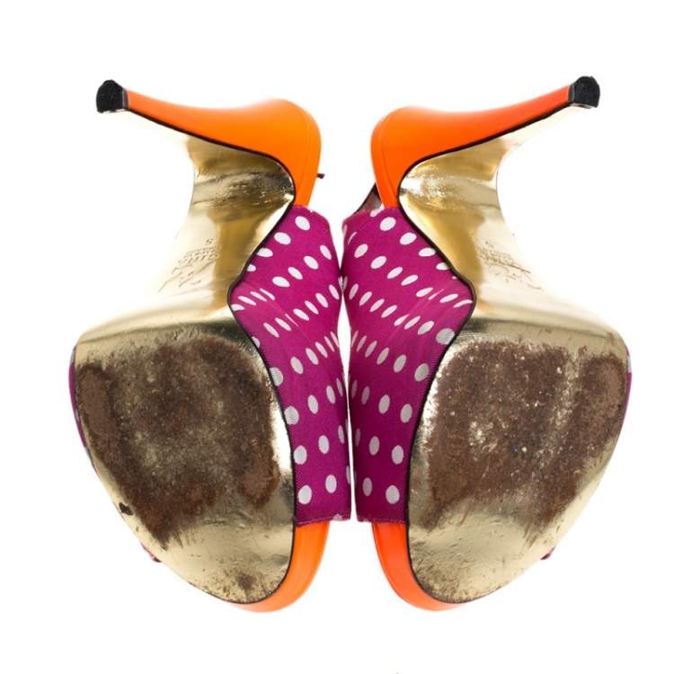 Pre Owned Gina Purple/Orange Polka Dot Fabric And Patent Open Toe Slingback Sandals Size 38