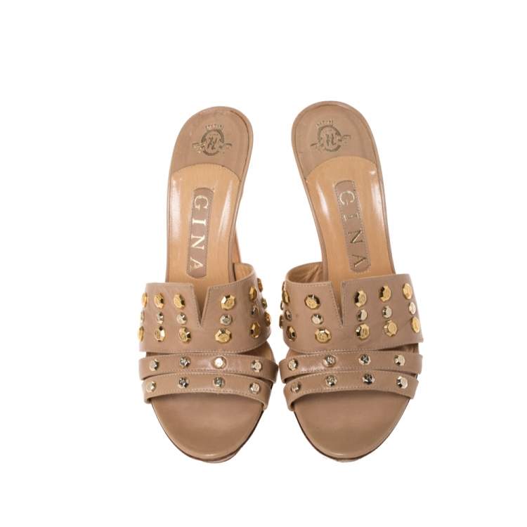 Pre Owned Gina Beige Leather Studded Open Toe Sandals Size 38