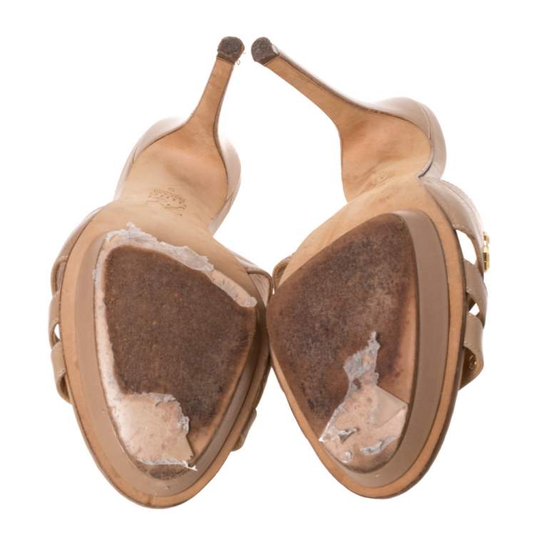 Pre Owned Gina Beige Leather Studded Open Toe Sandals Size 38