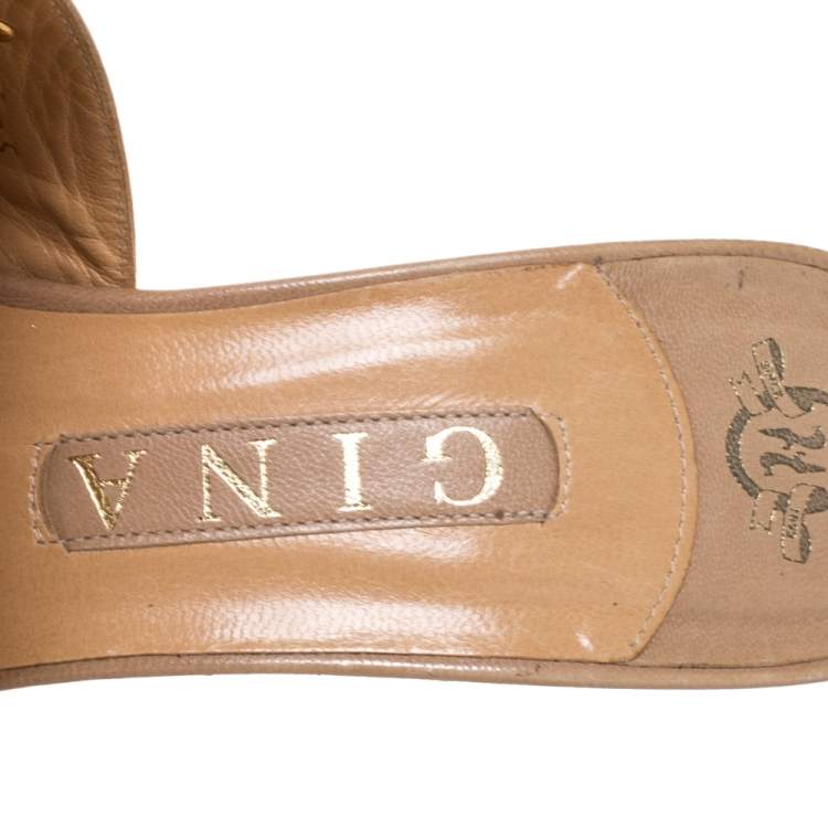 Pre Owned Gina Beige Leather Studded Open Toe Sandals Size 38