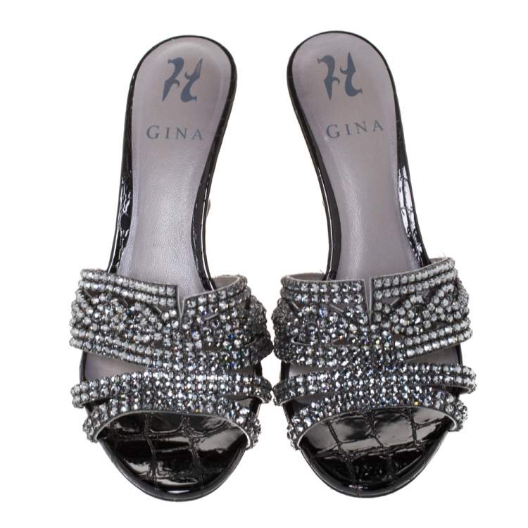 Pre Owned Gina Black Croc Embossed Patent Leather Syracuse Wedge Sandals Size 39