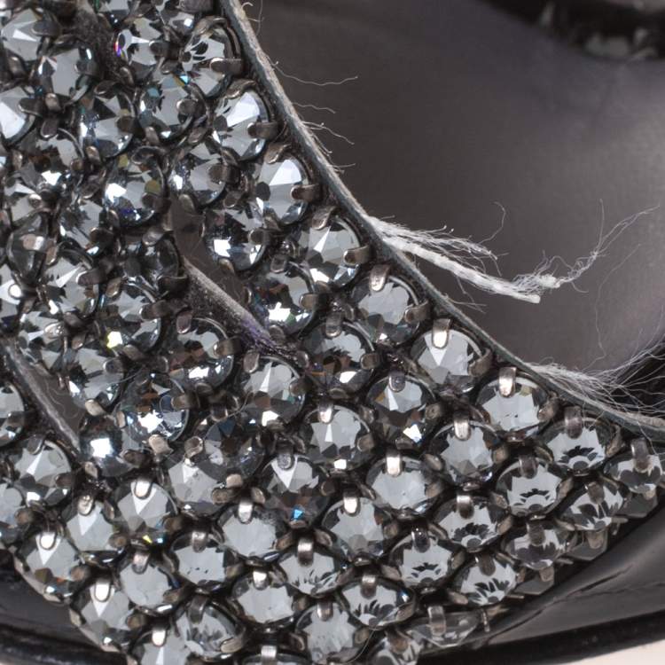 Pre Owned Gina Black Croc Embossed Patent Leather Syracuse Wedge Sandals Size 39