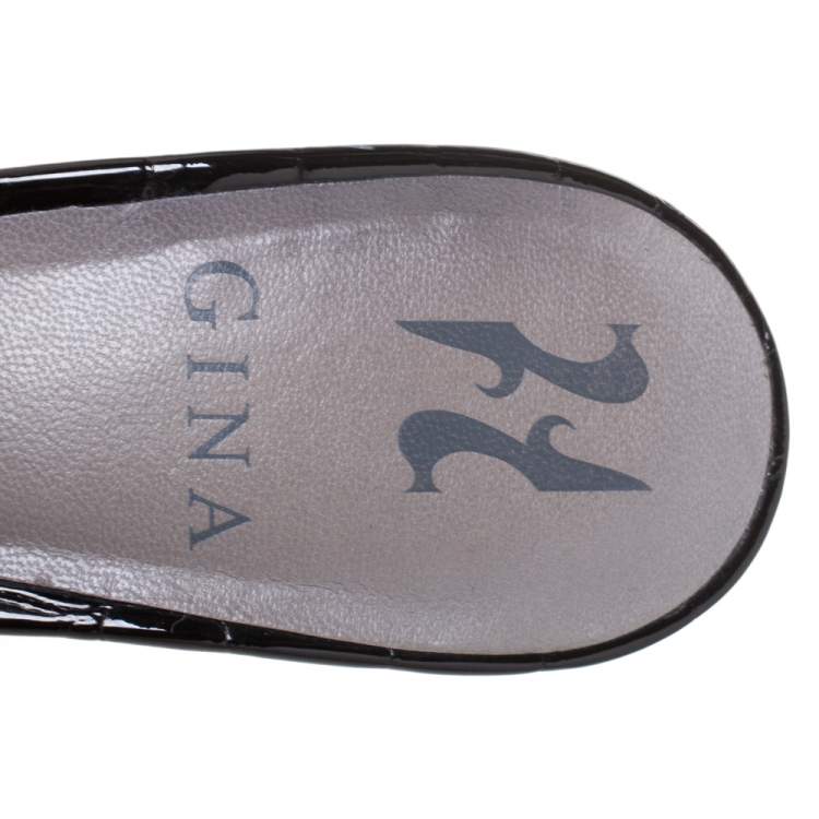 Pre Owned Gina Black Croc Embossed Patent Leather Syracuse Wedge Sandals Size 39