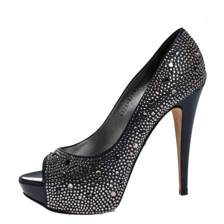 Pre Owned Gina Dark Blue Satin Crystal Embellished Peep Toe Platform Pumps Size 40