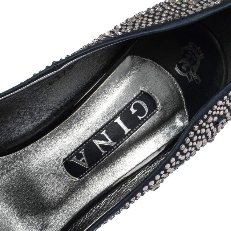 Pre Owned Gina Dark Blue Satin Crystal Embellished Peep Toe Platform Pumps Size 40