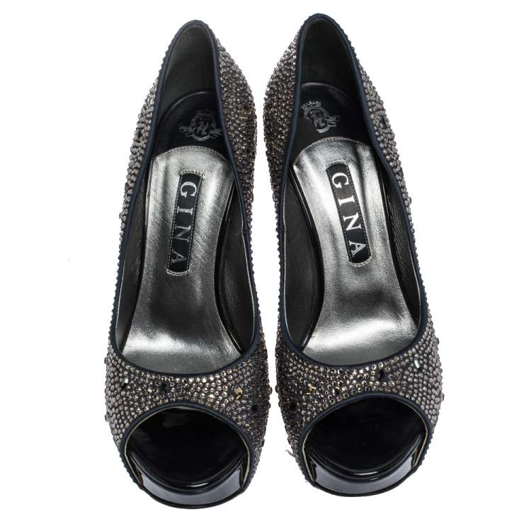 Pre Owned Gina Dark Blue Satin Crystal Embellished Peep Toe Platform Pumps Size 40