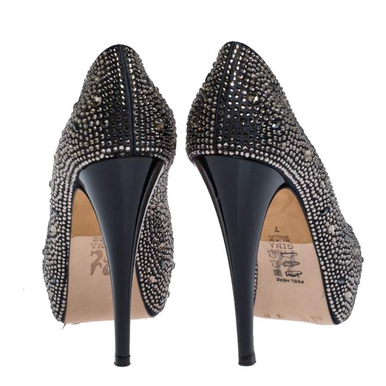 Pre Owned Gina Dark Blue Satin Crystal Embellished Peep Toe Platform Pumps Size 40