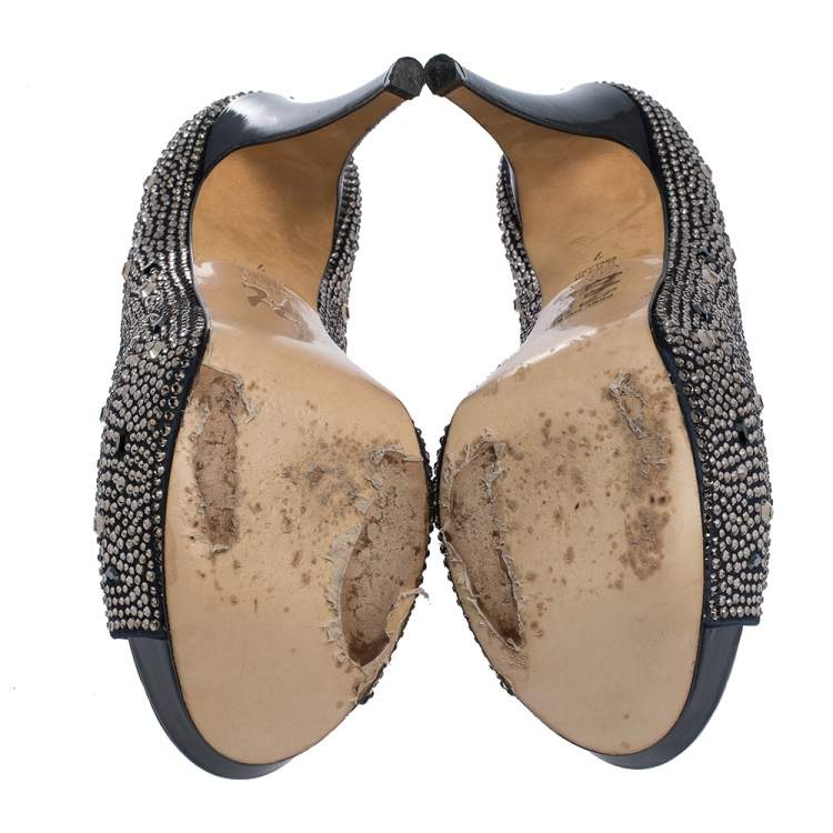 Pre Owned Gina Dark Blue Satin Crystal Embellished Peep Toe Platform Pumps Size 40