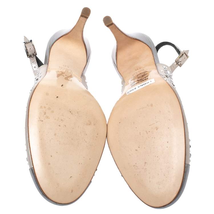 Pre Owned Gina Metallic Silver Satin and Leather Crystal Embellished Slingback Sandals Size 37.5 