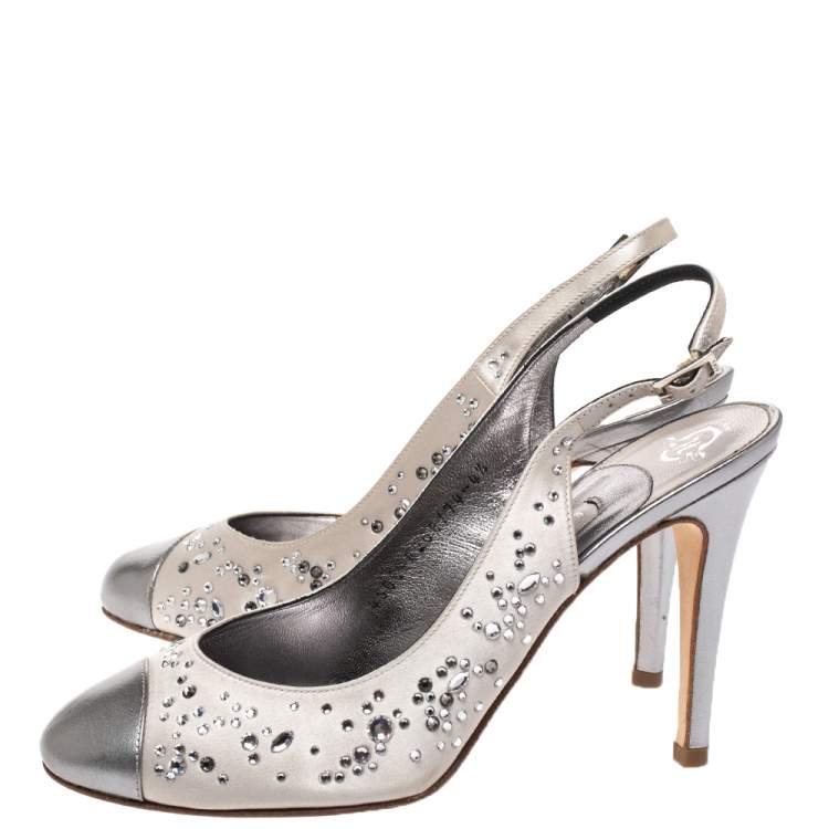 Pre Owned Gina Metallic Silver Satin and Leather Crystal Embellished Slingback Sandals Size 37.5 