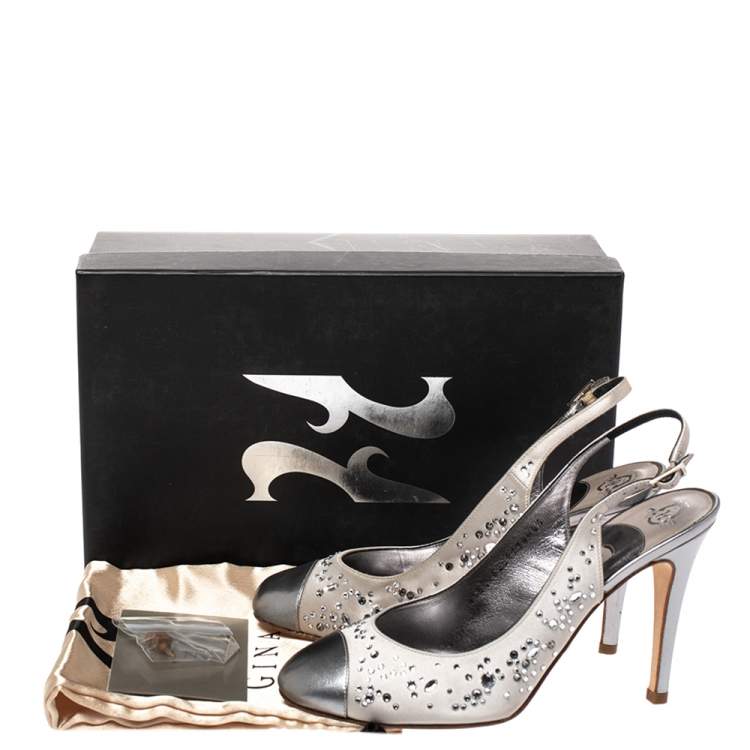 Pre Owned Gina Metallic Silver Satin and Leather Crystal Embellished Slingback Sandals Size 37.5 