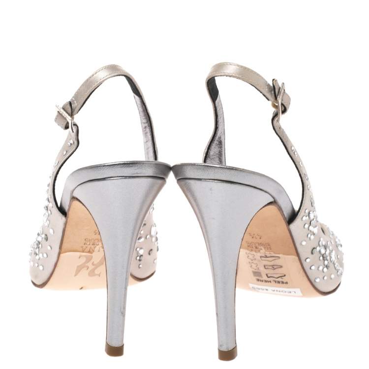 Pre Owned Gina Metallic Silver Satin and Leather Crystal Embellished Slingback Sandals Size 37.5 